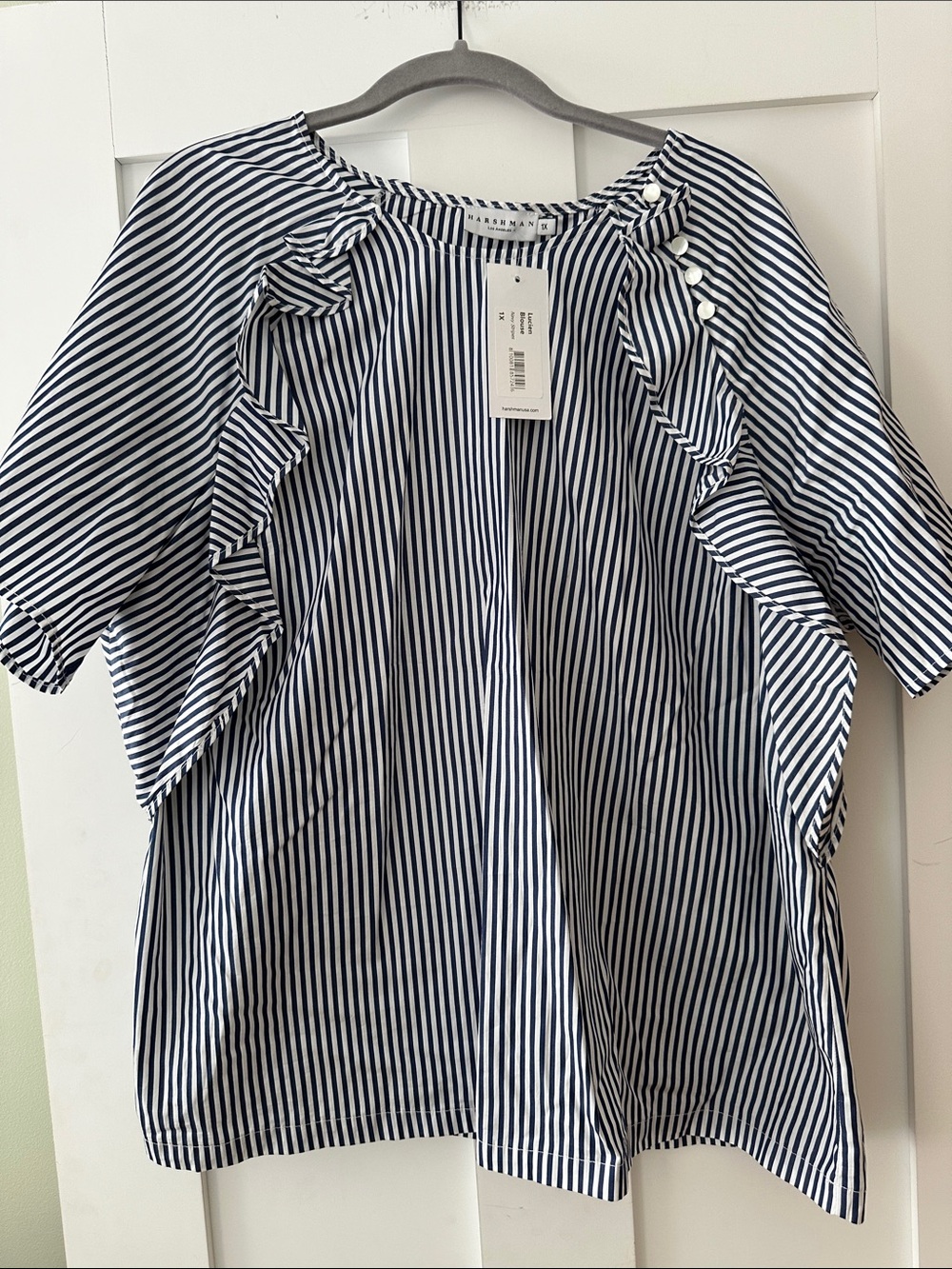 Women’s Striped Ruffle Sleeve Top - Navy/White 07